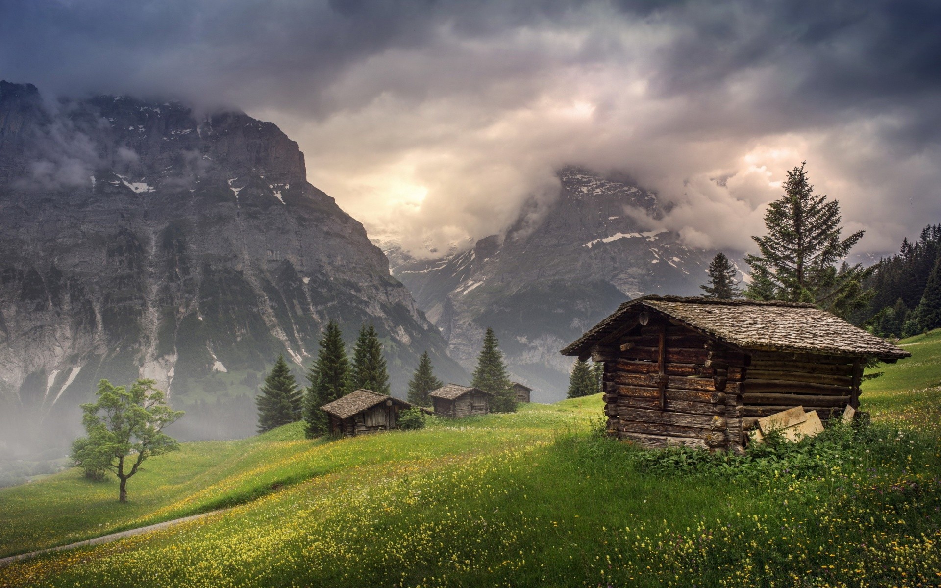 mountains hut travel wood mountain landscape grass barn sky nature outdoors house rural farm bungalow tree cabin summer countryside