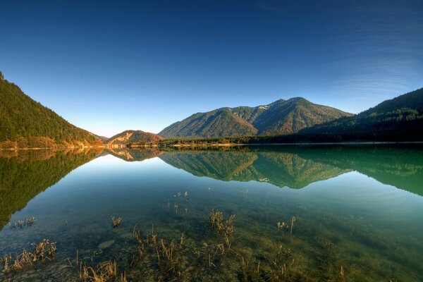 Reflection of mountain peaks in the lake