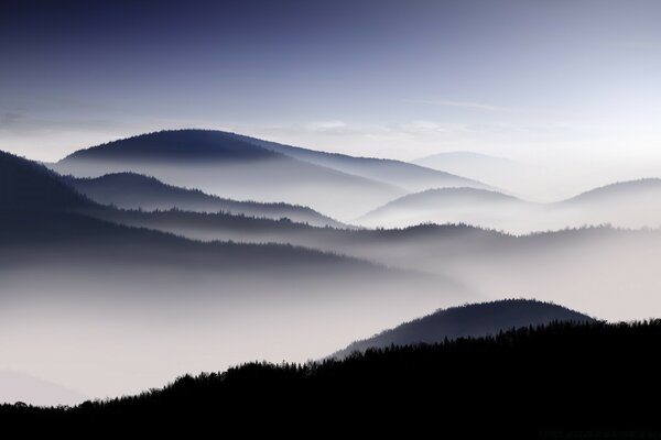 Wooded mountains are shrouded in pre-dawn fog