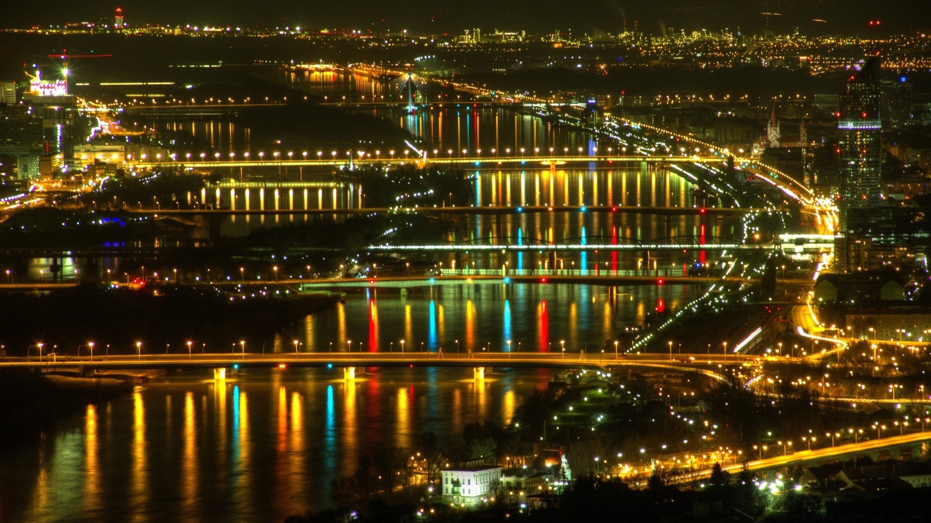 rivers ponds and streams city evening urban dusk bridge building illuminated downtown architecture travel cityscape traffic light modern sky river water blur street reflection