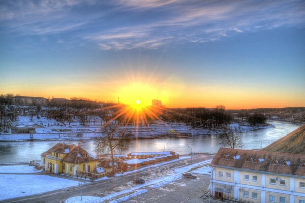 Sleepy town by the winter river