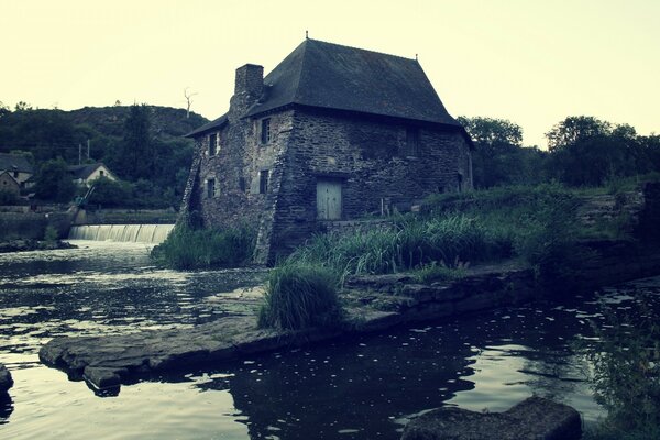 Casa gris en la orilla de un estanque sombrío