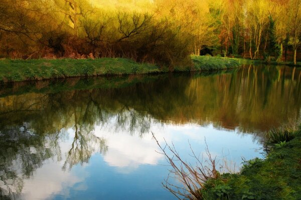 Lago en el bosque de otoño