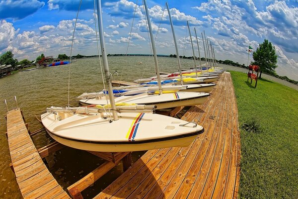 A small pier with boats and a grassy shore