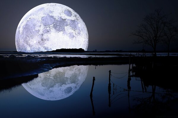 A huge moon in the reflection of water