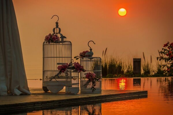 Cages with roses on the background of the lake