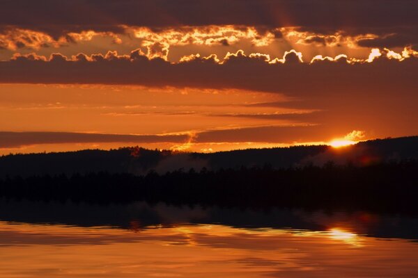 Beautiful sunset on the lake shore