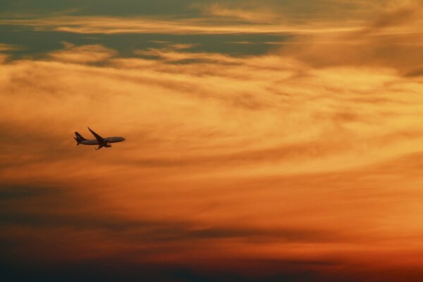 Fliegendes Flugzeug bei Sonnenuntergang