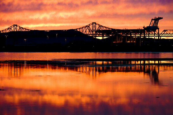 Red sunset reflected in the water