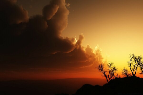 Paisaje nubes y árboles puesta de sol