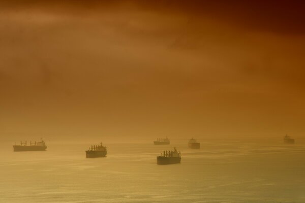 A cluster of ships in the sunset sea