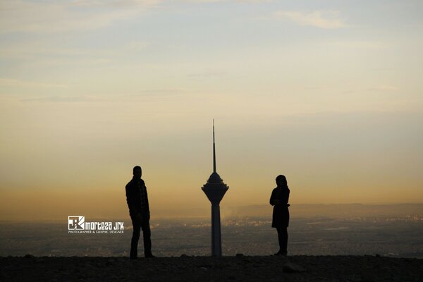 Two at sunset. Inscription. Twilight