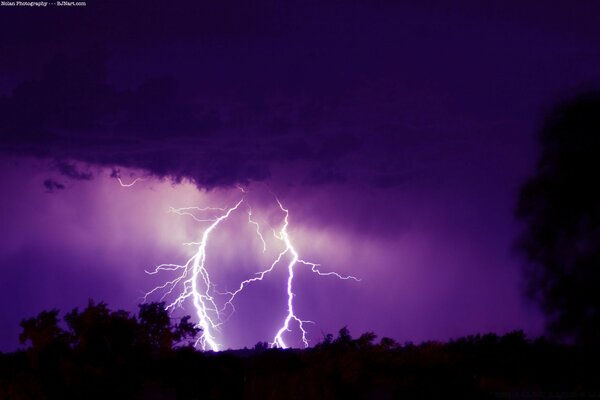 Bright lightning illuminates the dark sky