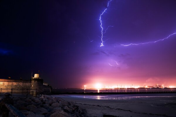 Beautiful lightning on sunset background