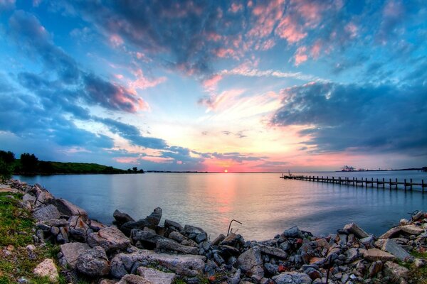 Beautiful blue coast and sunset