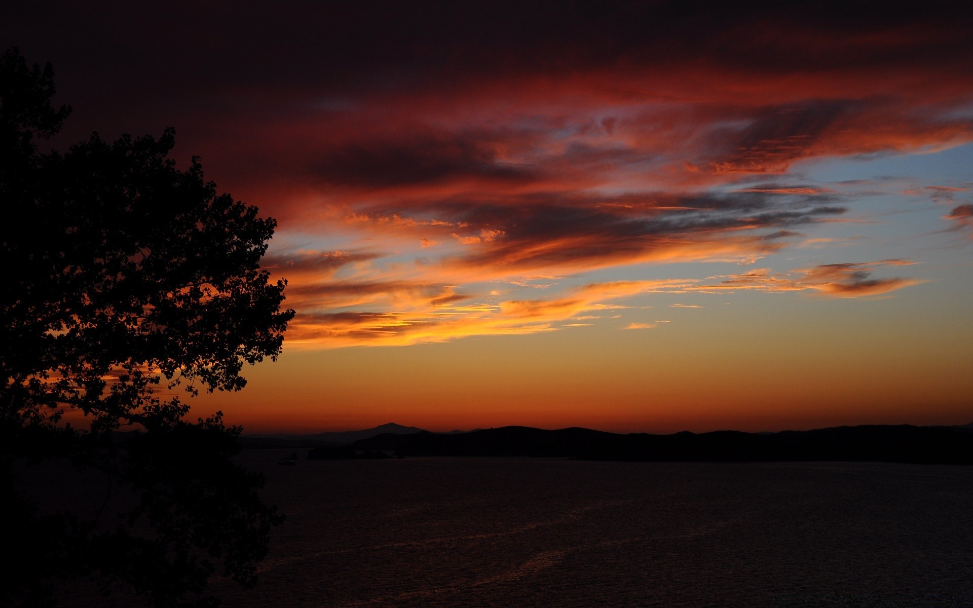 lake sunset dawn evening dusk sun sky backlit landscape silhouette