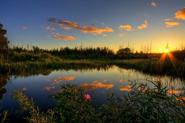 The evening sky is reflected in the lake by the rays of the sun