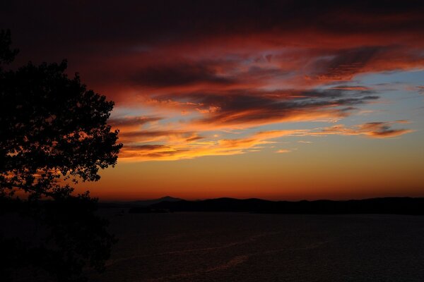 Sunset with multicolored clouds at dusk