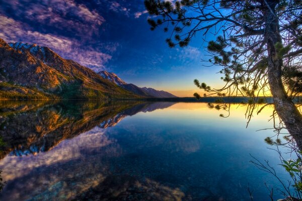 Reflection of the mountain and sunset in the sea