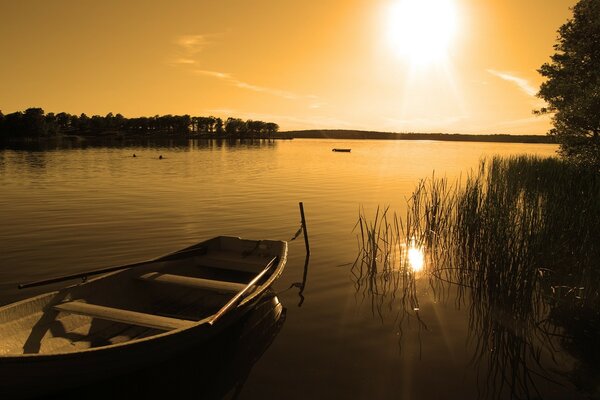 Barca nel lago sullo sfondo del tramonto