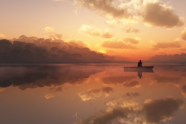 Olinokaya boat on the lake on the background of sunset