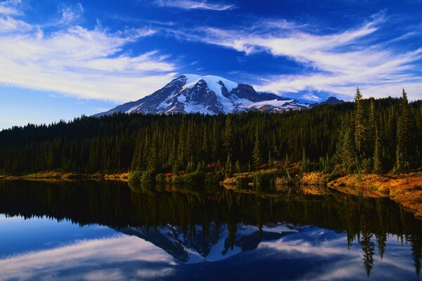 A cold lake cold mountains and a thin strip from a warm sunset