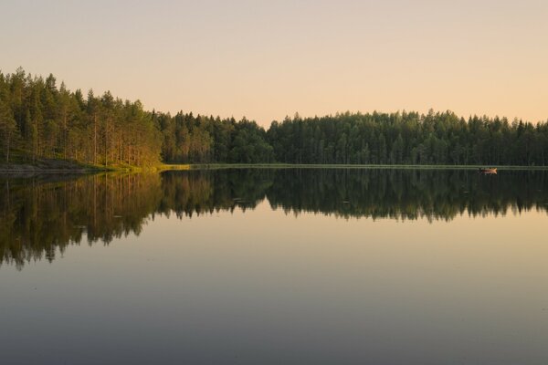 Square lake on the border of a dense forest