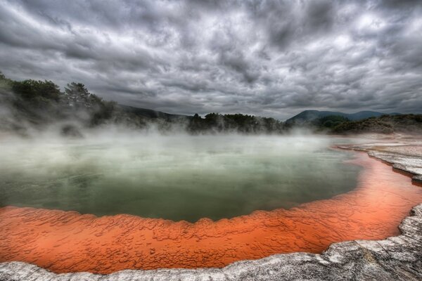 Gloomy landscape of a hot lake