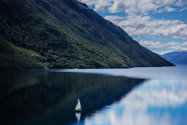 Screensaver for a computer monitor a lonely boat in the mountains