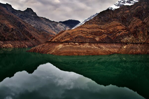 Mountains and a green lake in bright colors