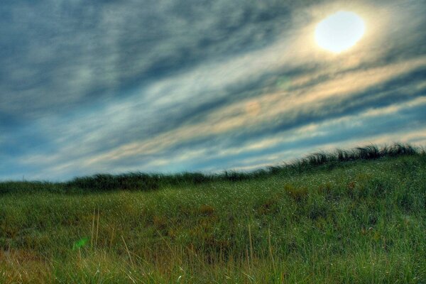 Sol en el cielo contra el fondo del campo