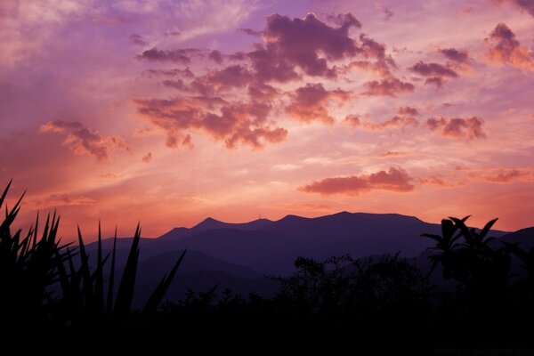 Pink orange sunset in the mountains