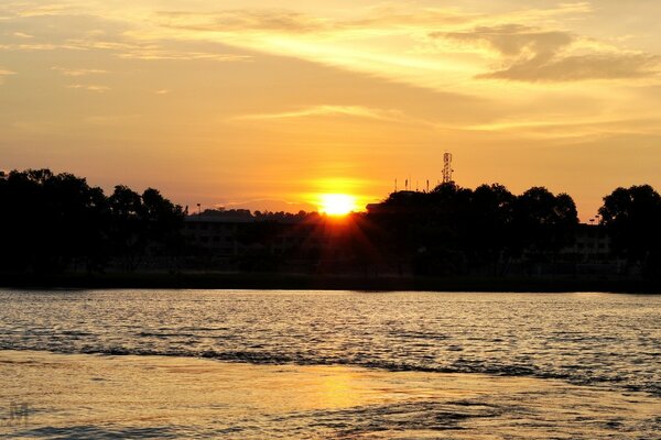 Puesta de sol bosque hermoso lago