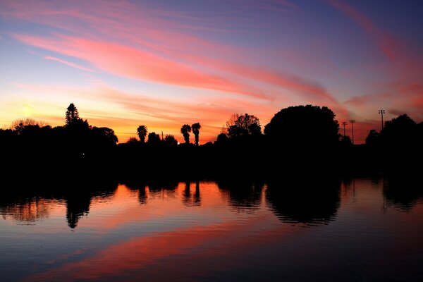 Sunset is reflected in the evening lake