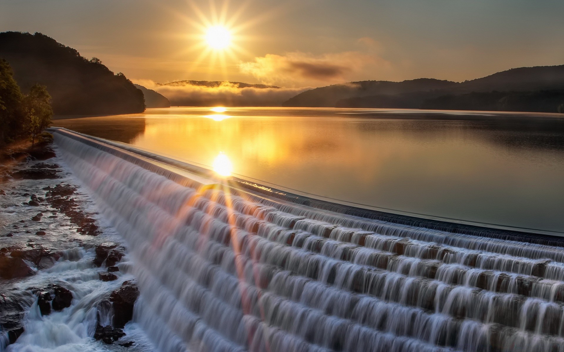 cascades coucher de soleil eau aube crépuscule soir nature réflexion ciel soleil paysage voyage rivière lac lumière plage mer