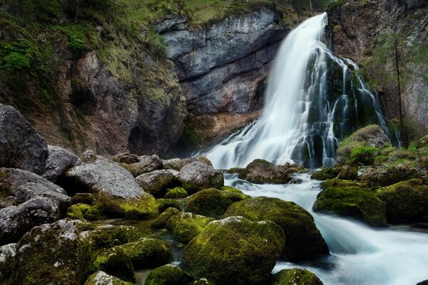 Der Wasserfall fließt in einen stürmischen Flussstrom