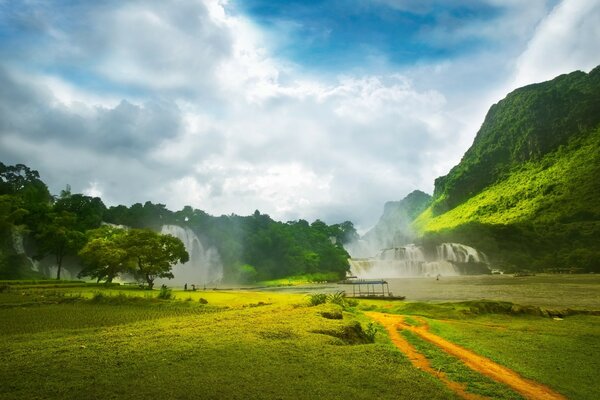 Green field on the background of mountains