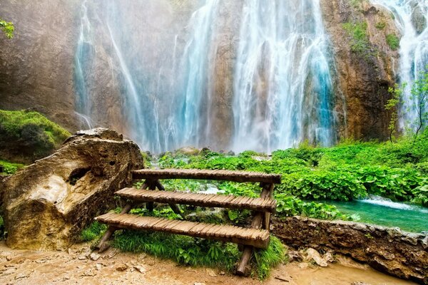 Cascata luminosa gigante vicino al sentiero della foresta