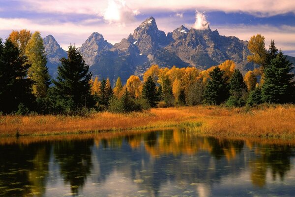 Lake on the background of mountains and forests