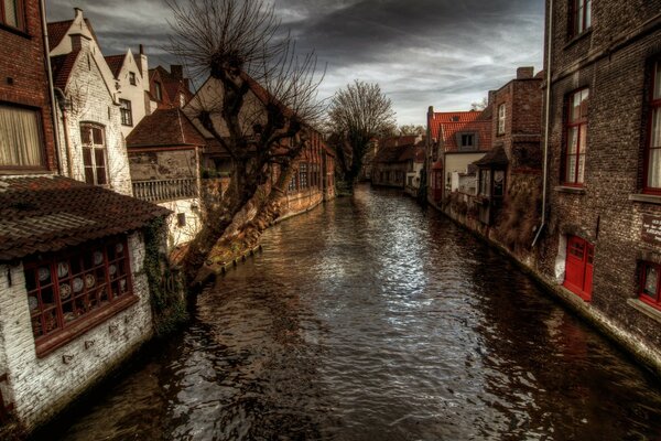 Canal de otoño a lo largo de las calles de la ciudad