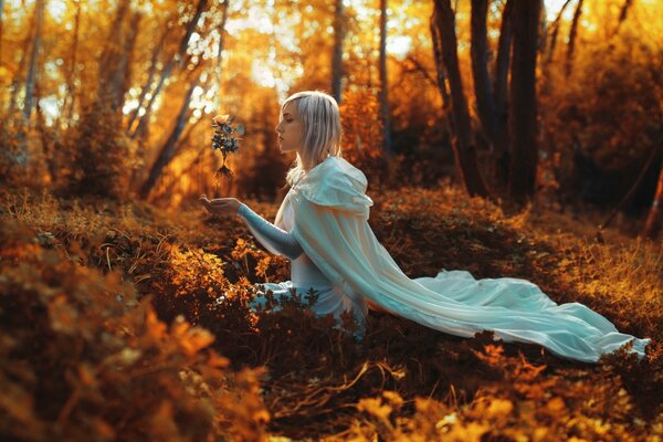 一个精灵手中拿着一朵玫瑰，坐在秋天森林的草地上