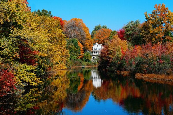 Rivière enveloppée dans la forêt d automne au loin avec la maison blanche