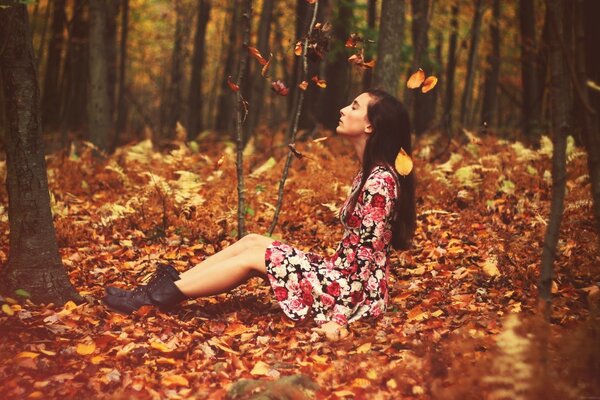 Menina em um vestido brilhante em um tapete de folhas laranja na floresta