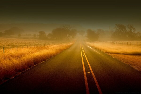 A straight road at dawn in the fog