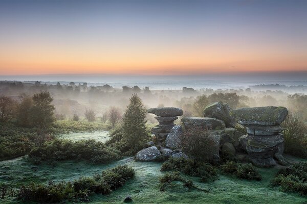 Landschaft im Morgengrauen Nebel Steine und Bäume