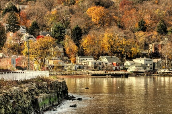 Villaggio sulla riva del fiume d oro in autunno