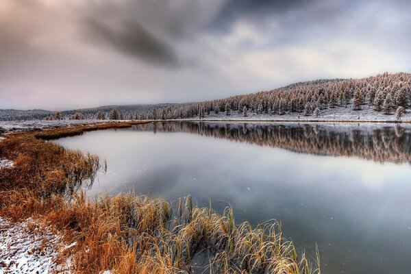 Um lago em meio a uma floresta coberta de neve