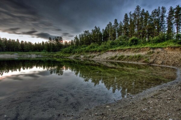 Transparent lake on the background of the forest