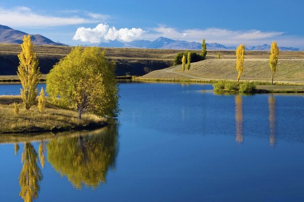 Fairy tale lake on the plain and mountain view