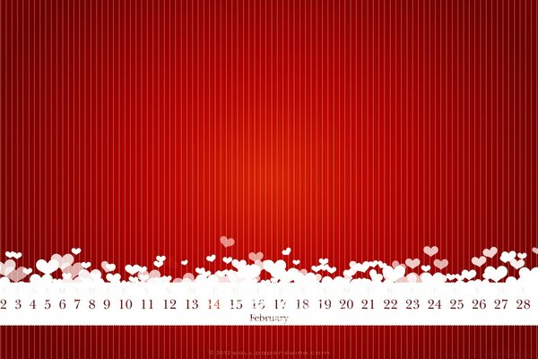 Calendario de febrero rojo con corazones